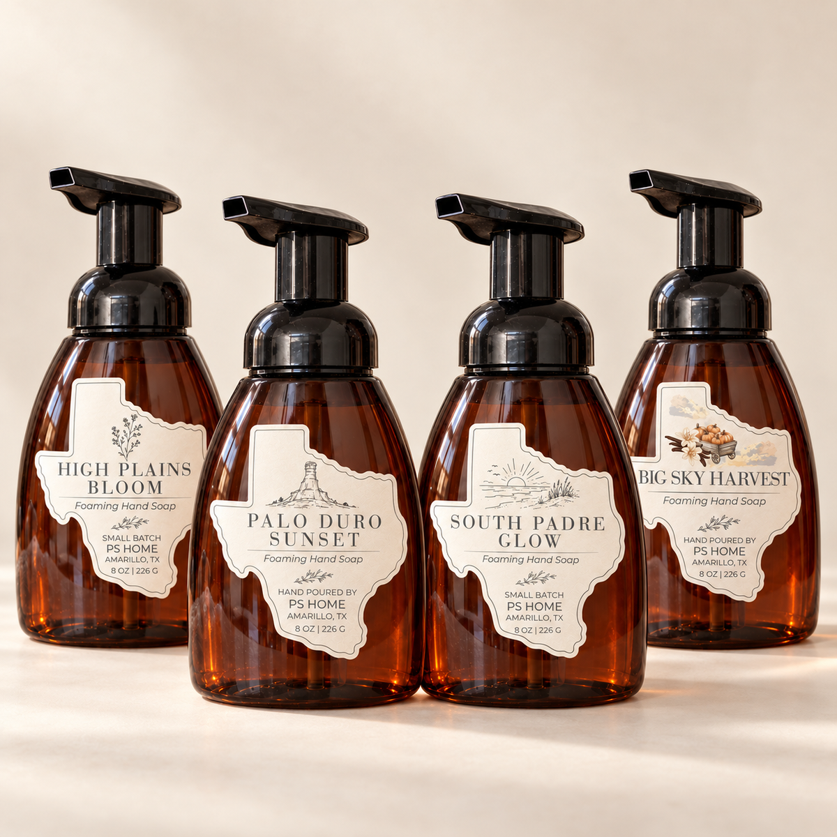 PS Home plant-based foaming hand soap collection in reusable amber dispensers
