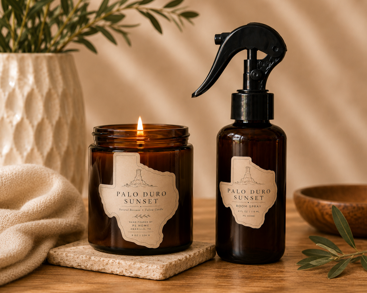 PS Home beeswax and tallow candle with matching amber glass room spray, customizable home fragrance bundle handcrafted in Amarillo Texas